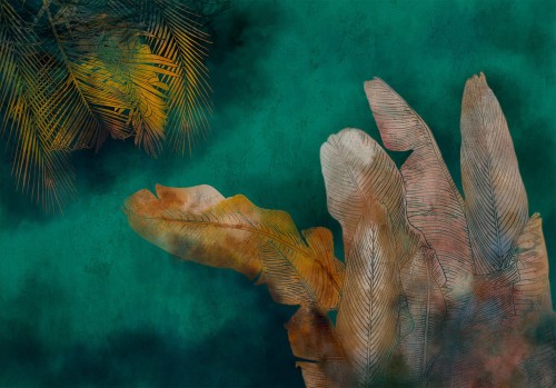 Fototapeta - Egzotyczna dżungla - motyw roślinny z odbitymi liśćmi na zielonym tle