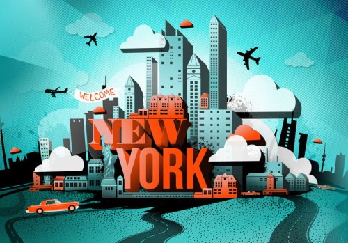 Fototapeta - Street art - czerwony napis Nowy Jork z motywem wieżowców i samochodów