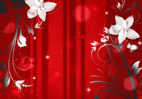 Fototapeta - Abstrakcja w czerwieni - motyw białych kwiatów z deseniami i blaskiem