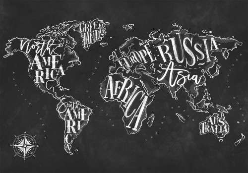 Fototapeta - Nowoczesna mapa świata - czarno-białe kontynenty z nazwami angielskimi