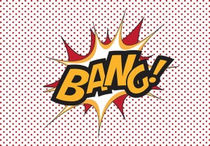 Fototapeta - BANG! - nowoczesny motyw z żółtym napisem na tle w czerwone kropeczki