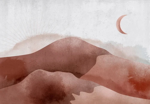 Fototapeta - Pejzaż pustynny - krajobraz pustyni z księżycem i wschodem słońca