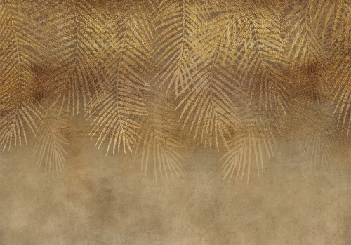 Fototapeta - Abstrakcyjna natura w beżu - kompozycja ze złotymi egzotycznymi liśćmi