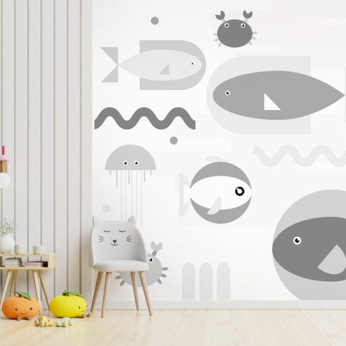 Fototapeta - Minimalistyczny szary ocean - geometryczne rybki w wodzie dla dzieci