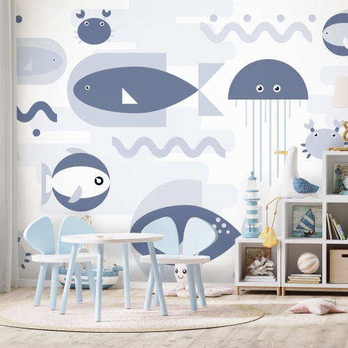 Fototapeta - Minimalistyczny ocean - geometryczne rybki i kraby w wodzie dla dzieci