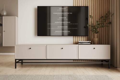 Szafka RTV 200 cm kaszmir LORINI z szufladami czarne uchwyty stelaż