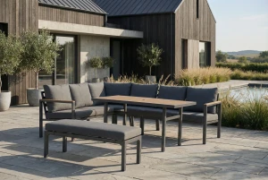 Zestaw mebli ogrodowych narożnik + stół obiadowy + ławka metalowe Siena