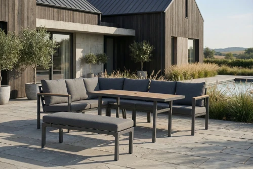 Zestaw mebli ogrodowych narożnik + stół obiadowy + ławka metalowe Siena