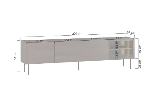 Wymiary Szafki RTV DUNARI 220 cm podświetlana LED dąb Dunin