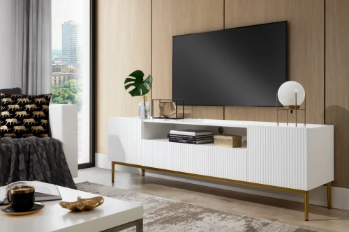 Szafka RTV biała 200 cm z wnęką złote nóżki NINA