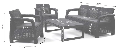 Wymiary Zestawu mebli ogrodowych z ławostołem Corfu 3 Set LYON cappuccino
