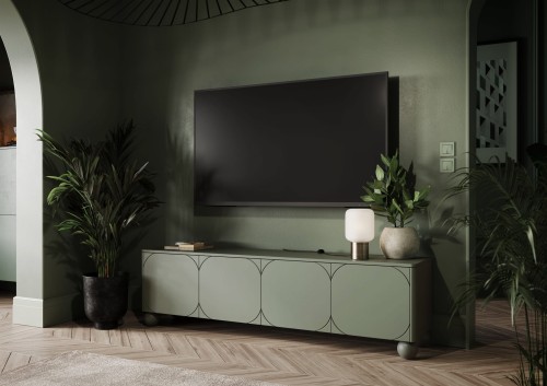 Szafka RTV 200 cm czterodrzwiowa oliwka kuliste nogi SORELLA